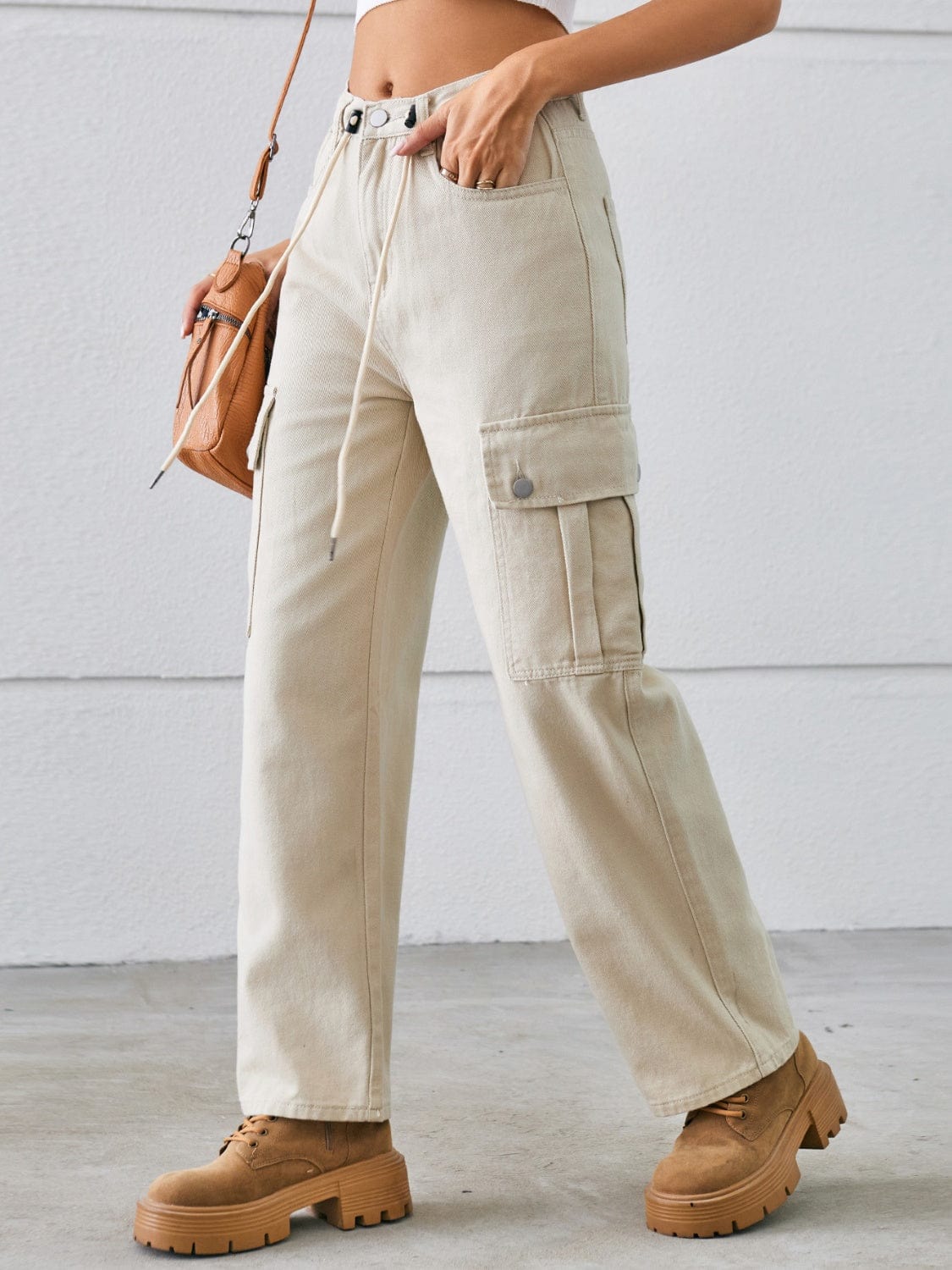 Gray Drawstring Mid-Rise Waist Straight Cargo Jeans