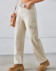 Gray Drawstring Mid-Rise Waist Straight Cargo Jeans