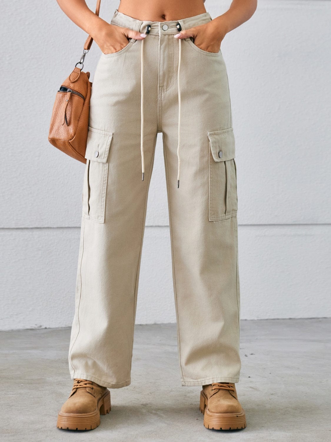 Gray Drawstring Mid-Rise Waist Straight Cargo Jeans