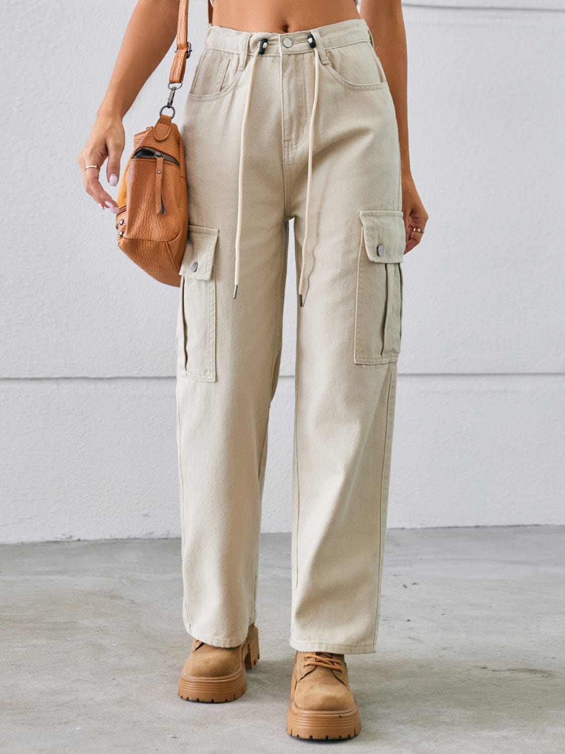 Gray Drawstring Mid-Rise Waist Straight Cargo Jeans