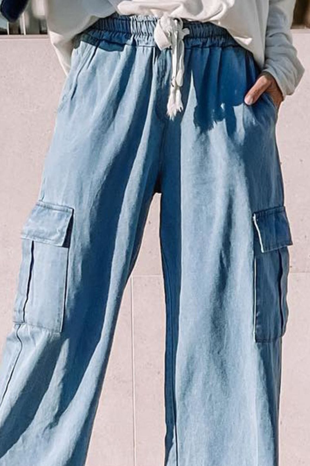 Gray Drawstring Wide Leg Jeans with Pockets