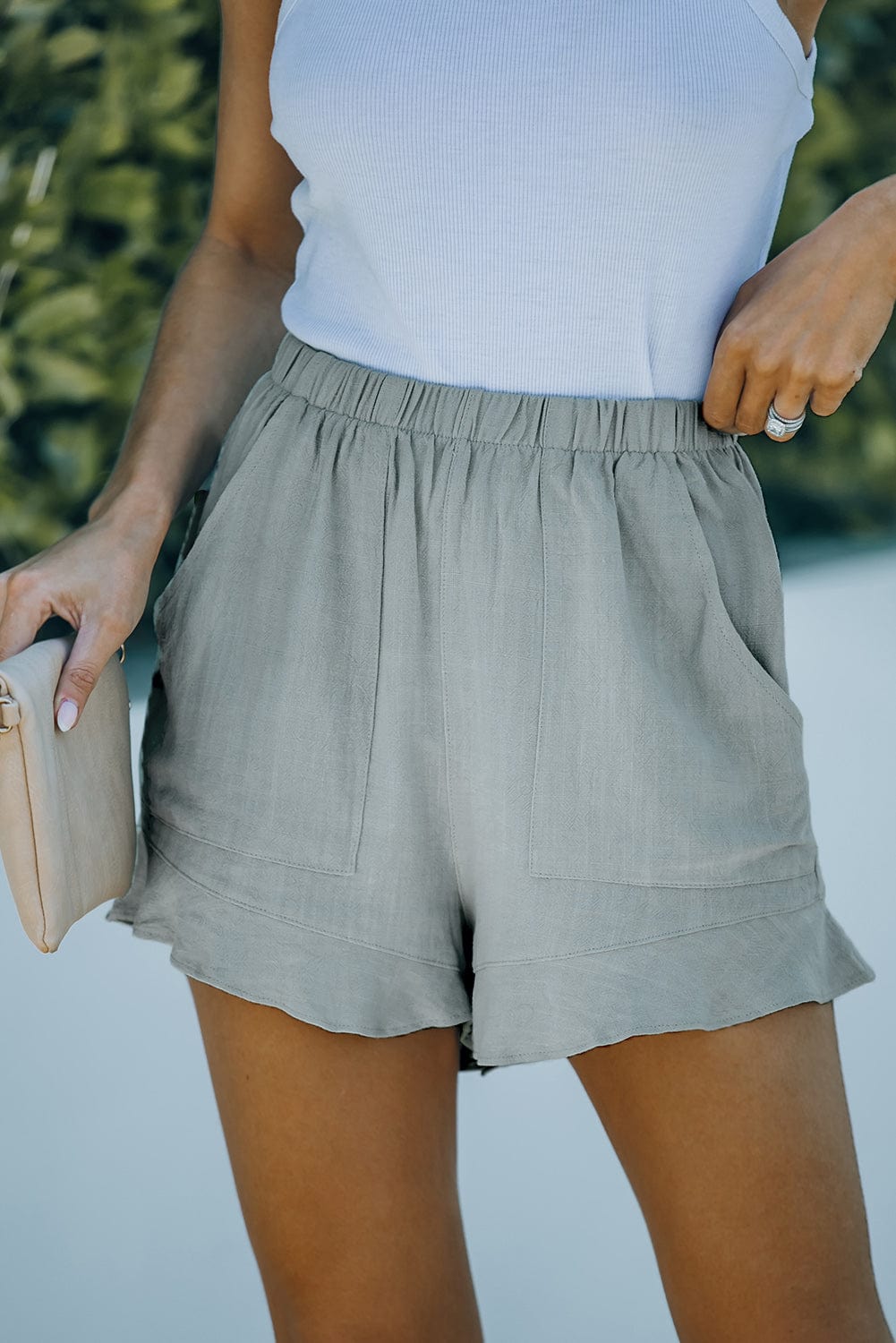 Dark Gray Elastic Waist Shorts with Pockets