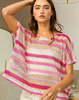 Tan BiBi Striped Openwork Short Sleeve Knit Cover Up