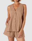 Rosy Brown Full Size Button Up Top and Shorts Set