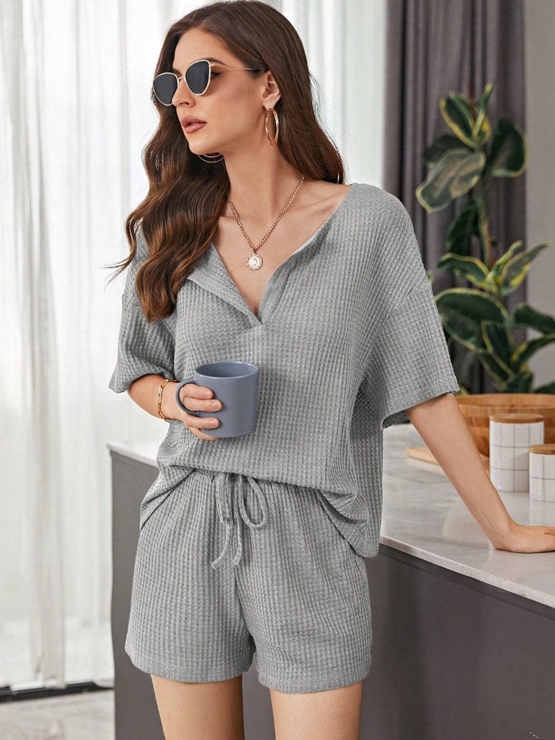 Gray Full Size Waffle-Knit Dropped Shoulder Top and Shorts Set