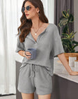 Gray Full Size Waffle-Knit Dropped Shoulder Top and Shorts Set