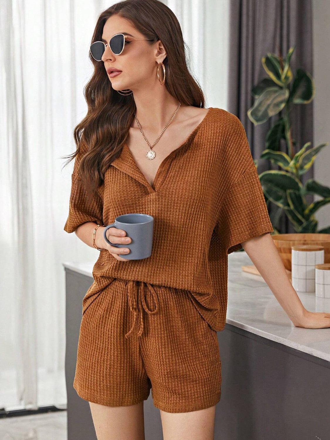 Sienna Full Size Waffle-Knit Dropped Shoulder Top and Shorts Set