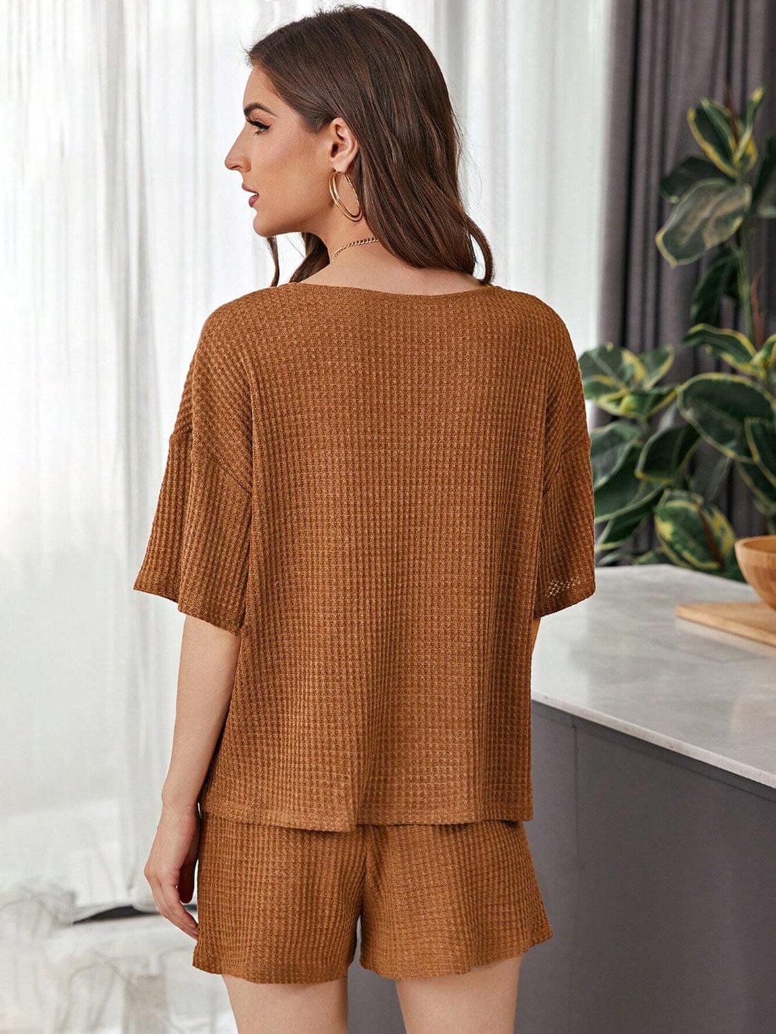 Sienna Full Size Waffle-Knit Dropped Shoulder Top and Shorts Set