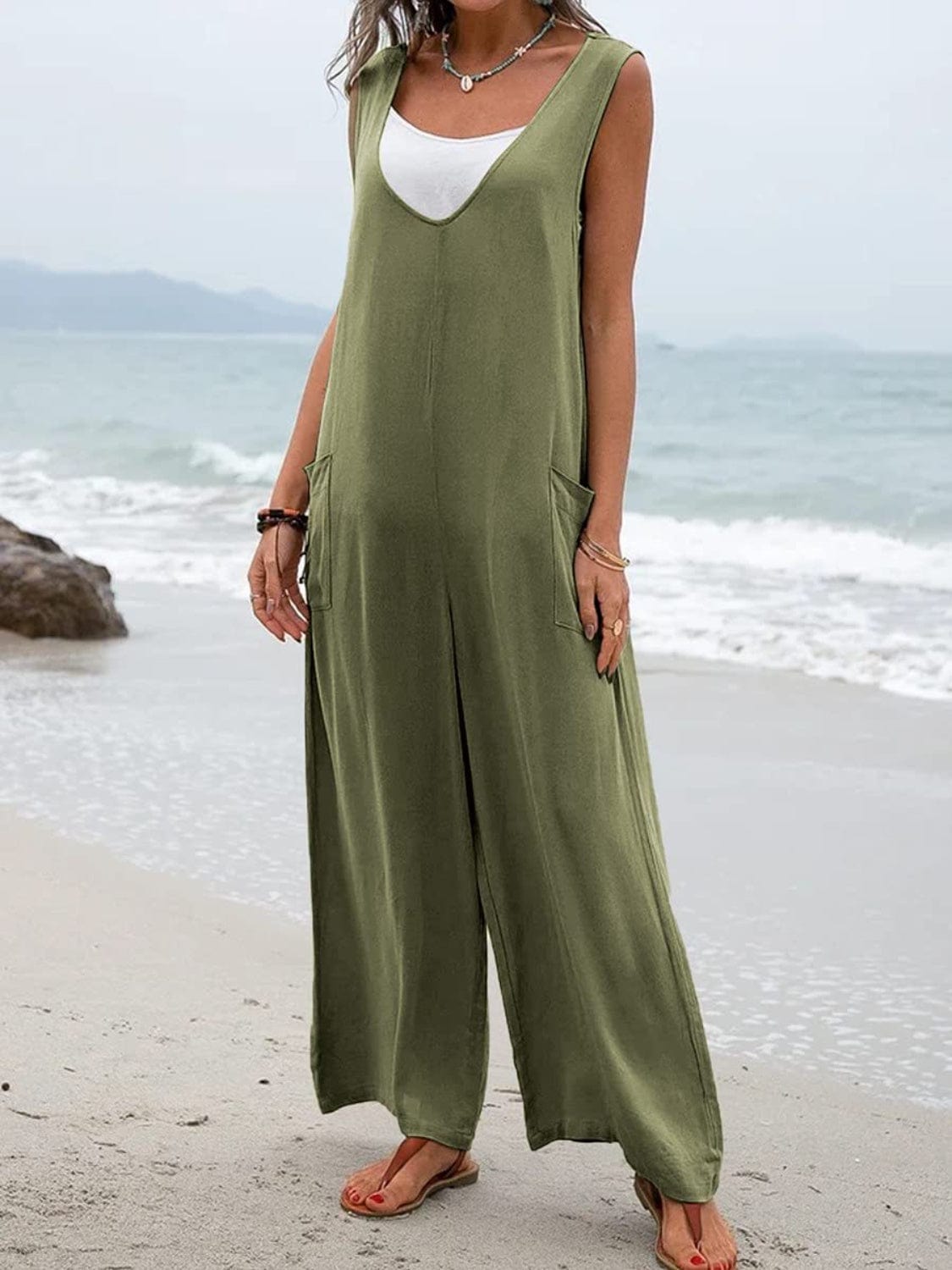 Light Gray Full Size Wide Strap Jumpsuit with Pockets