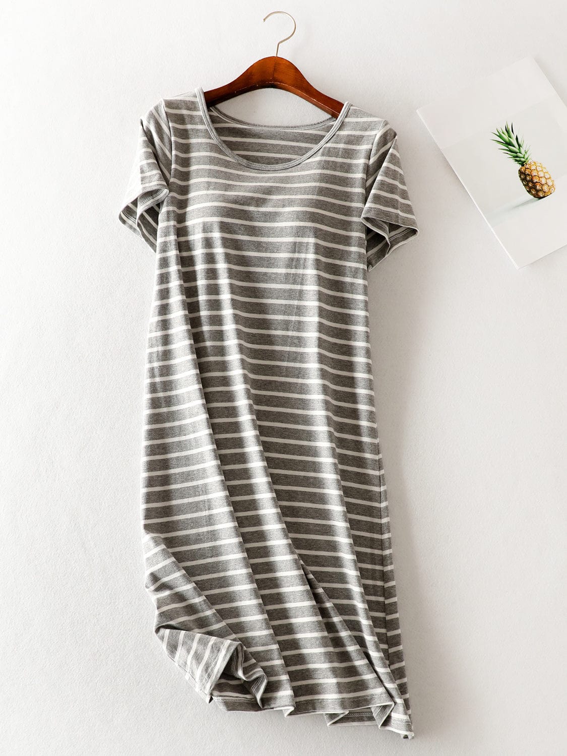 Light Gray Striped Round Neck Short Sleeve Dress