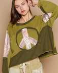 Dark Khaki POL Long Sleeve Cut Sew Peace Emblem Top