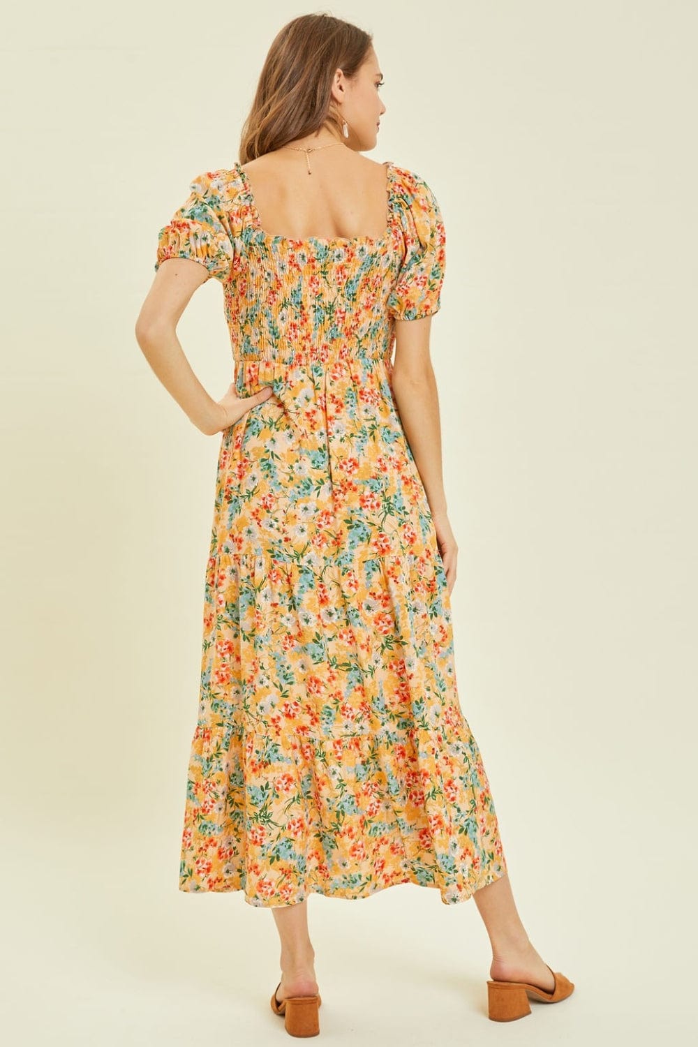 Wheat HEYSON Full Size Floral Smocked Tiered Midi Dress