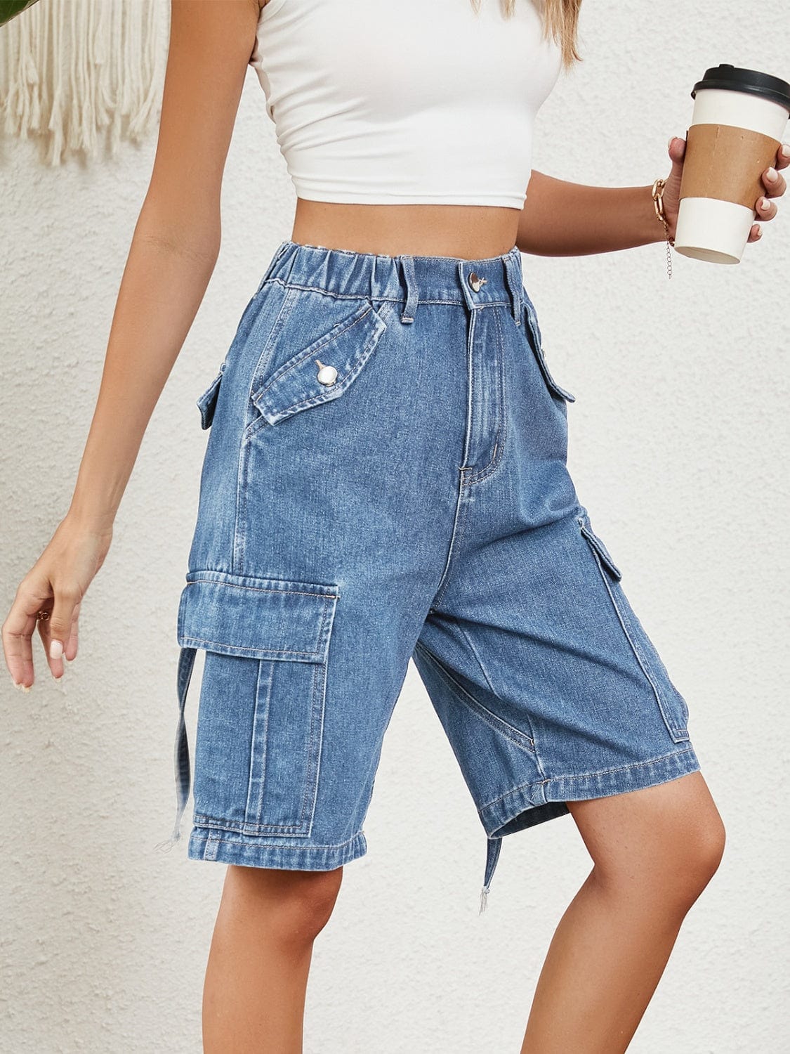 Light Gray High Waist Denim Shorts with Pockets