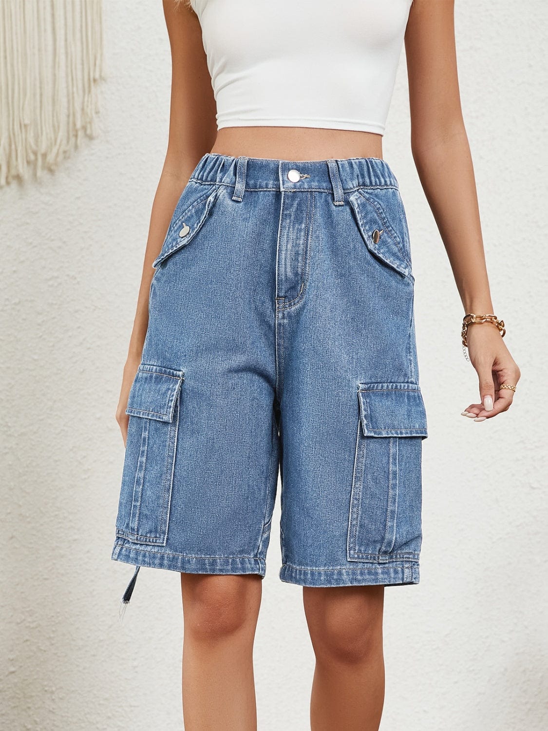 Light Gray High Waist Denim Shorts with Pockets