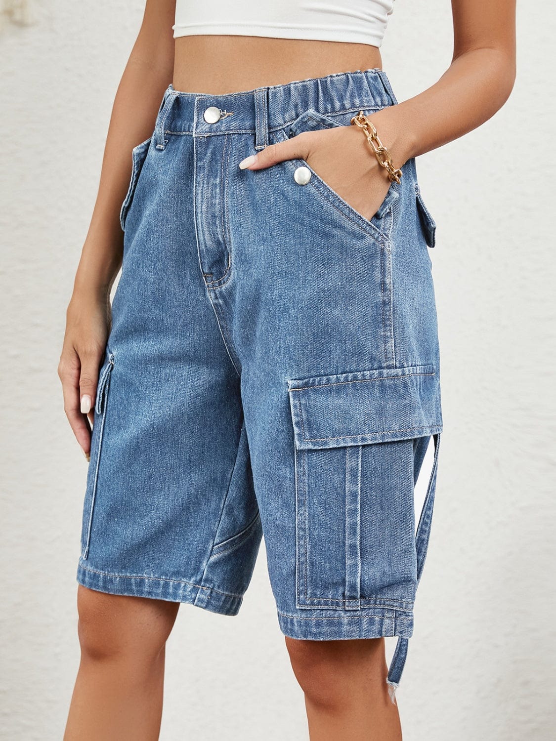 Dark Slate Blue High Waist Denim Shorts with Pockets