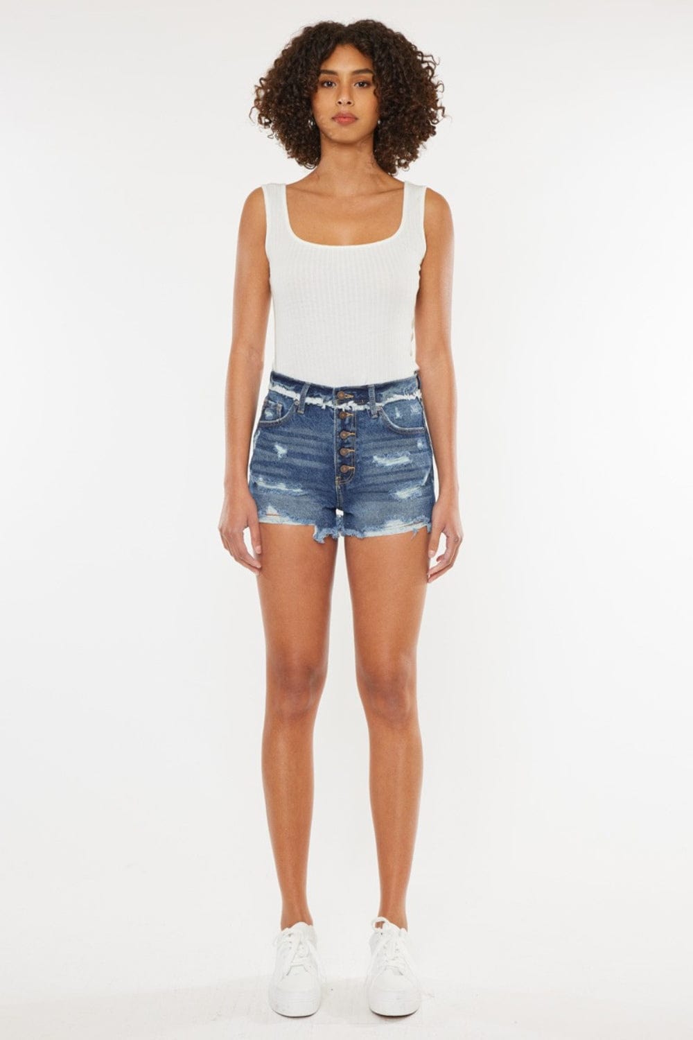 White Smoke Kancan Distressed Button Fly Denim Shorts