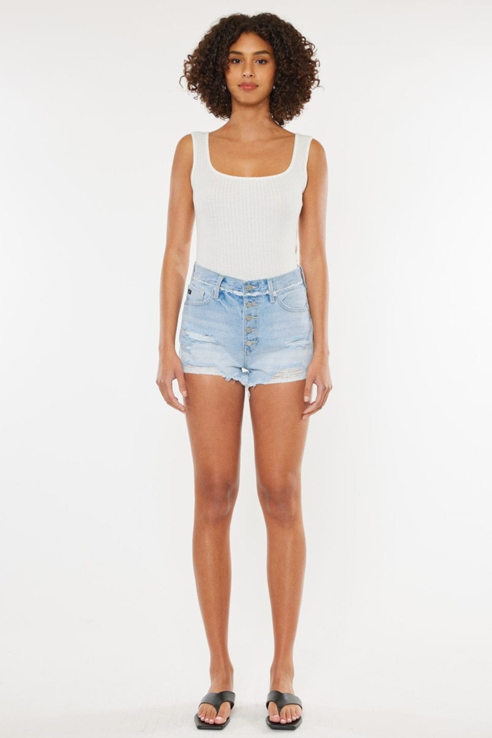 White Smoke Kancan Distressed Button Fly Denim Shorts