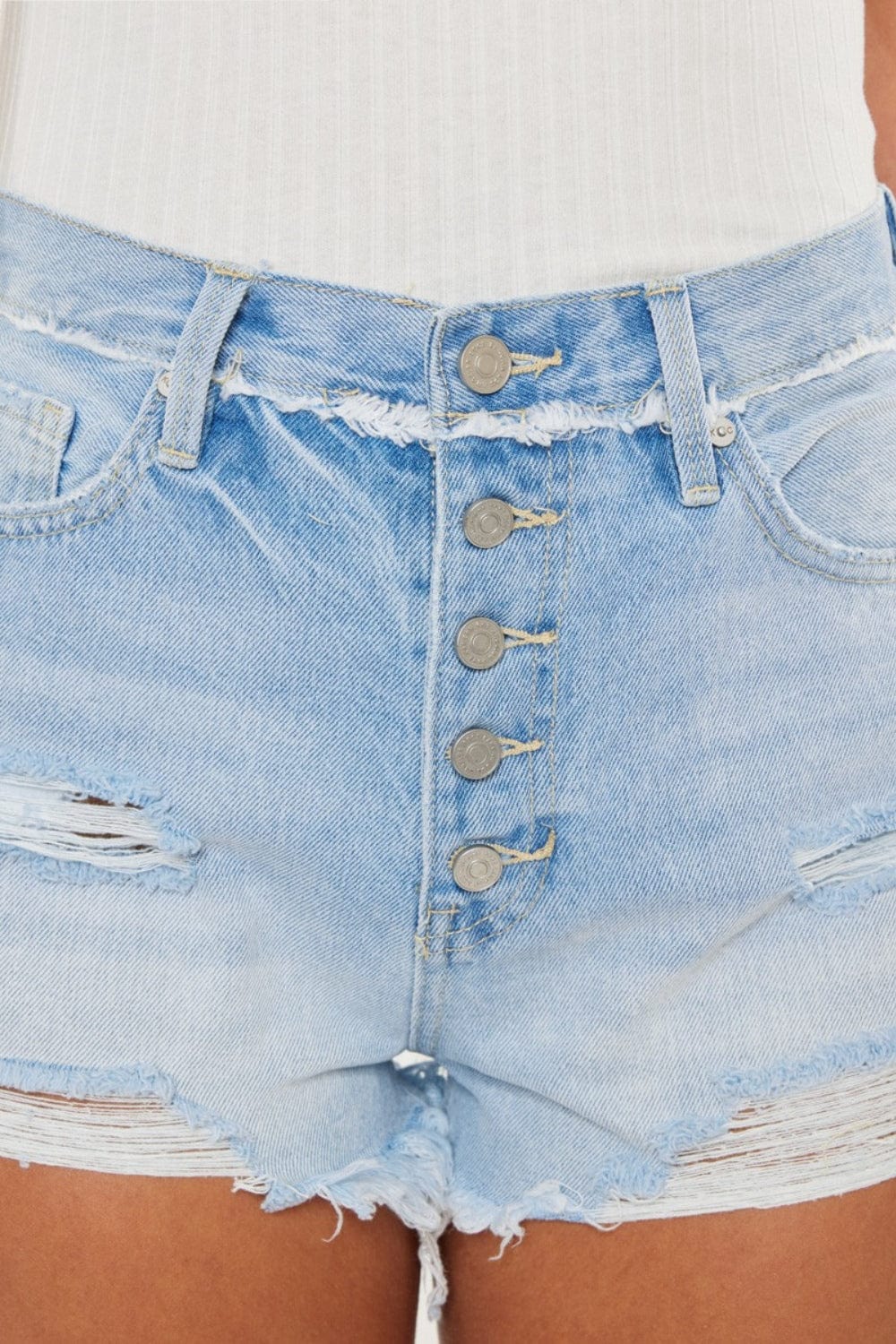 Light Steel Blue Kancan Distressed Button Fly Denim Shorts