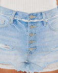 Light Steel Blue Kancan Distressed Button Fly Denim Shorts