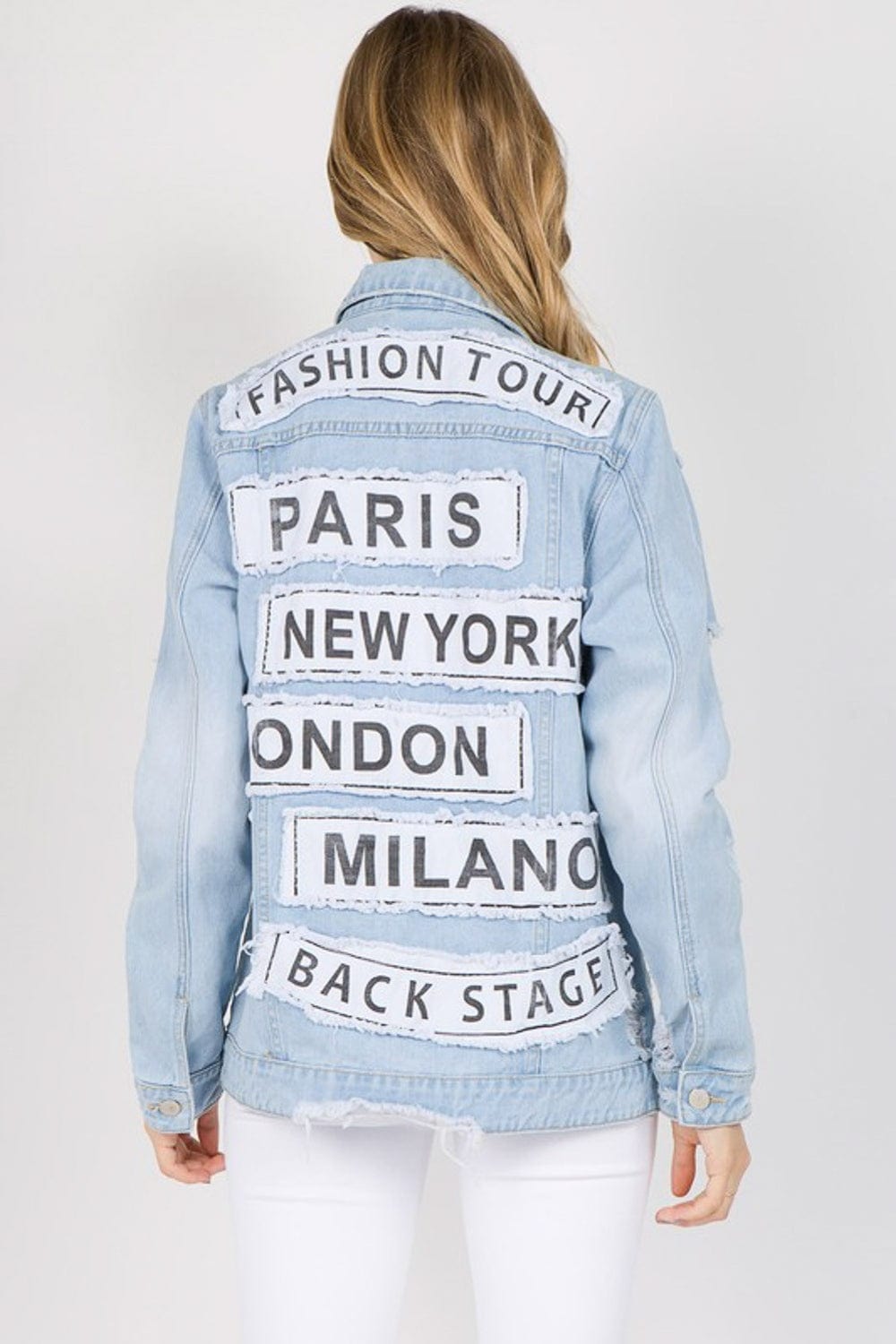 Light Gray American Bazi Letter Patched Distressed Denim Jacket