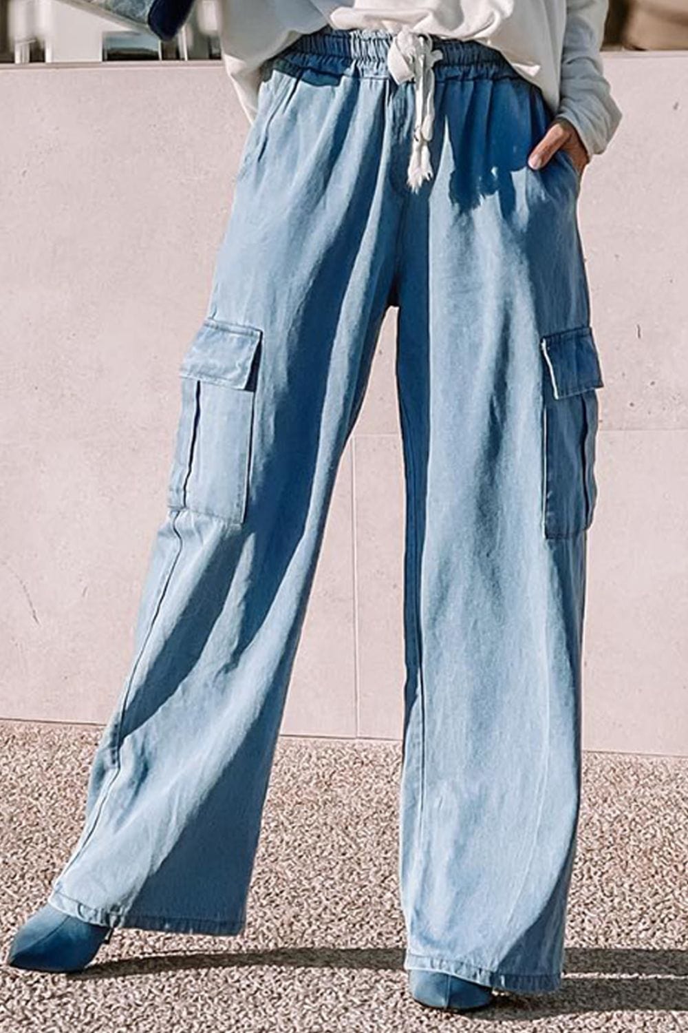 Gray Drawstring Wide Leg Jeans with Pockets