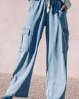 Gray Drawstring Wide Leg Jeans with Pockets