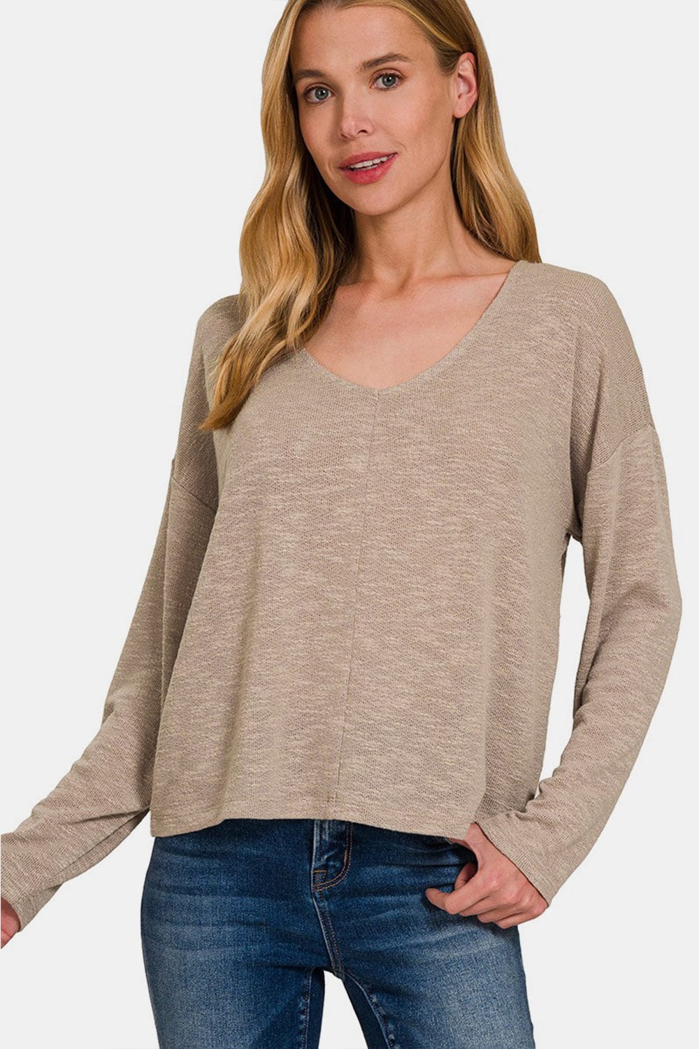 Light Gray Zenana Dropped Shoulder Long Sleeve T-Shirt