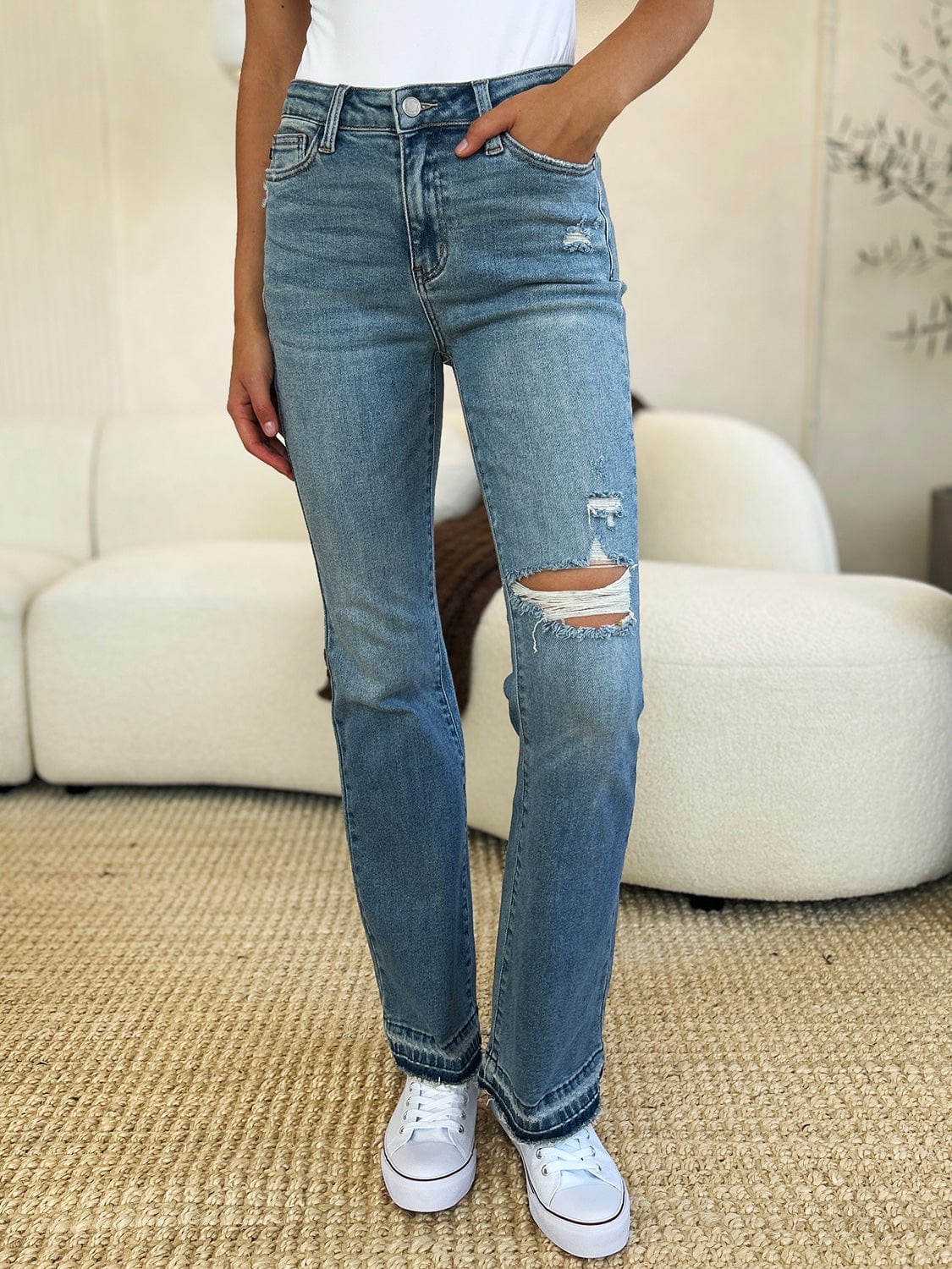 Gray Judy Blue Full Size Mid Rise Destroyed Hem Distressed Jeans