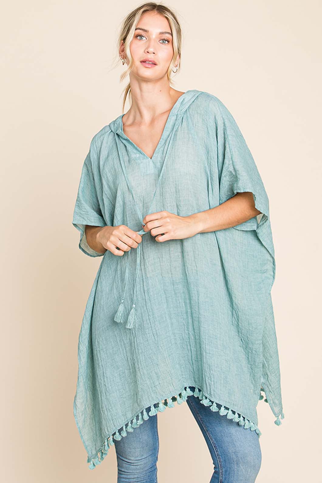 Light Gray Cotton Bleu by Nu Label Tassel Hem Hooded Cover Up