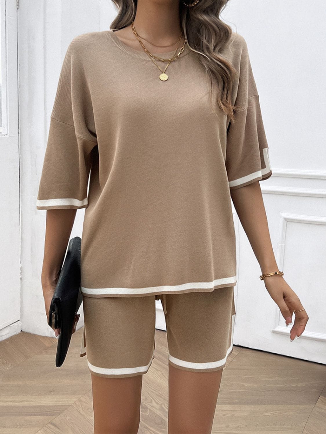 Rosy Brown Contrast Trim Round Neck Top and Shorts Set