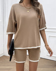 Rosy Brown Contrast Trim Round Neck Top and Shorts Set