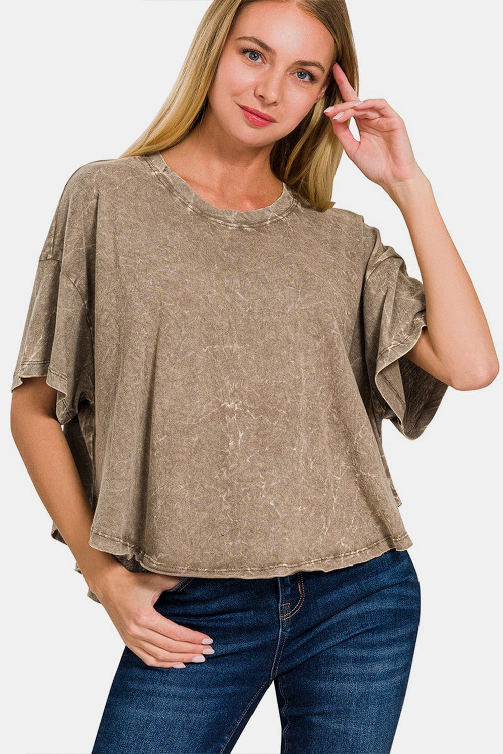 Rosy Brown Zenana Washed Round Neck Drop Shoulder Cropped T-Shirt