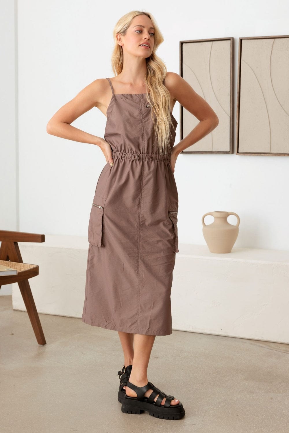 Light Gray Tasha Apparel Adjustable Strap Waist Drawstring Cargo Midi Dress