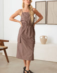 Light Gray Tasha Apparel Adjustable Strap Waist Drawstring Cargo Midi Dress