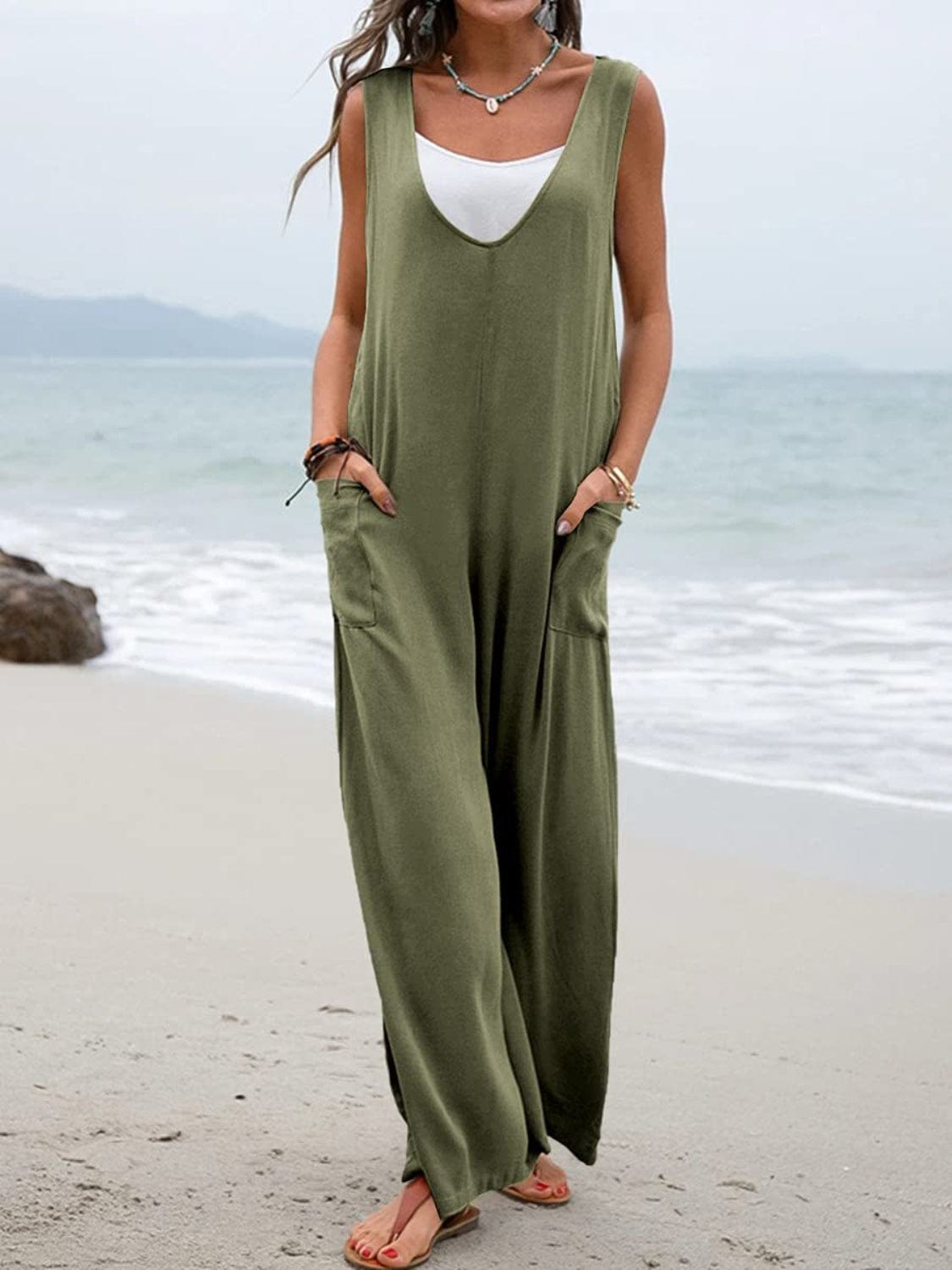 Light Gray Full Size Wide Strap Jumpsuit with Pockets