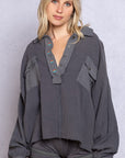 Dark Slate Gray POL Texture Half Button Long Sleeve Top