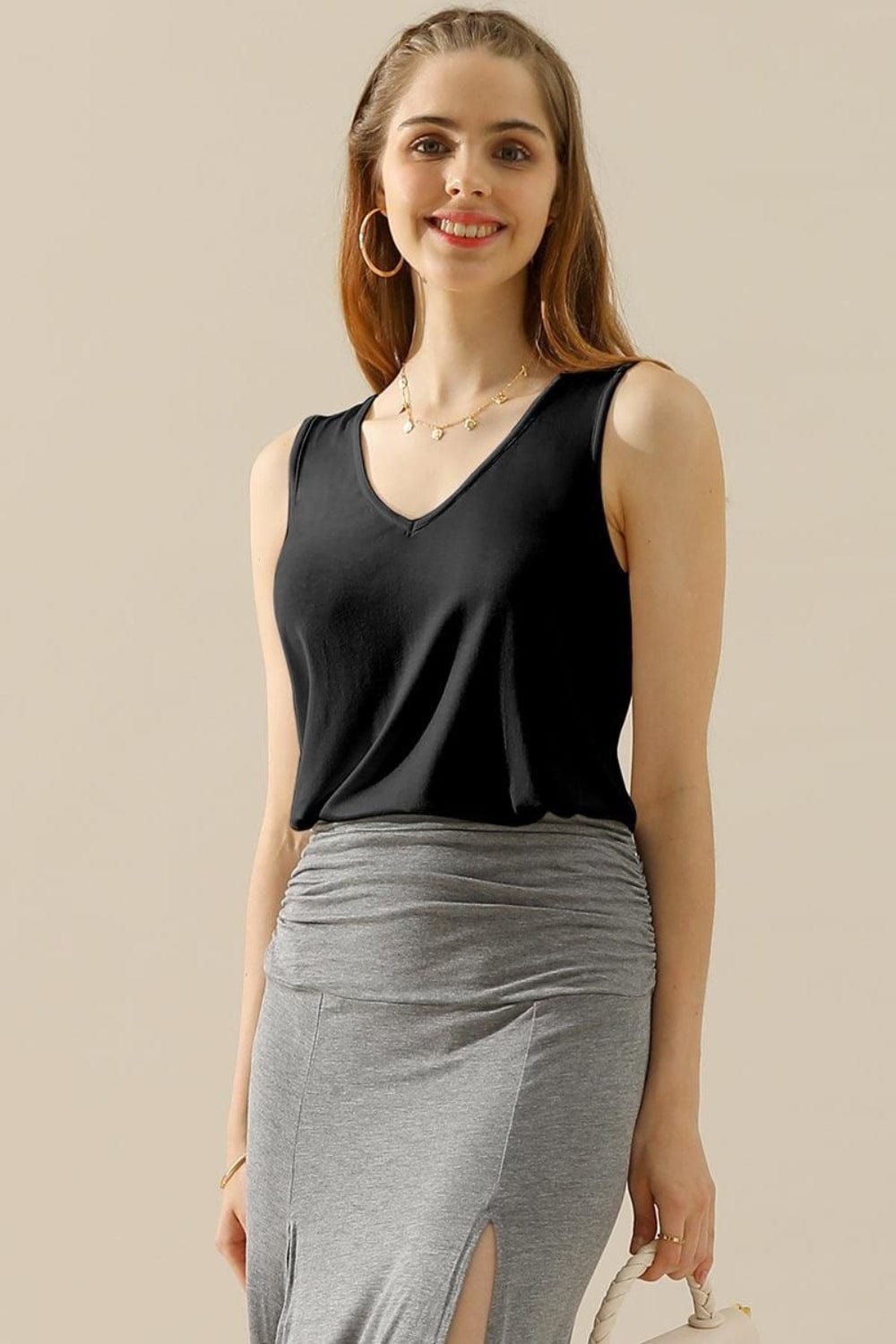 Gray Ninexis Full Size V-Neck Curved Hem Tank