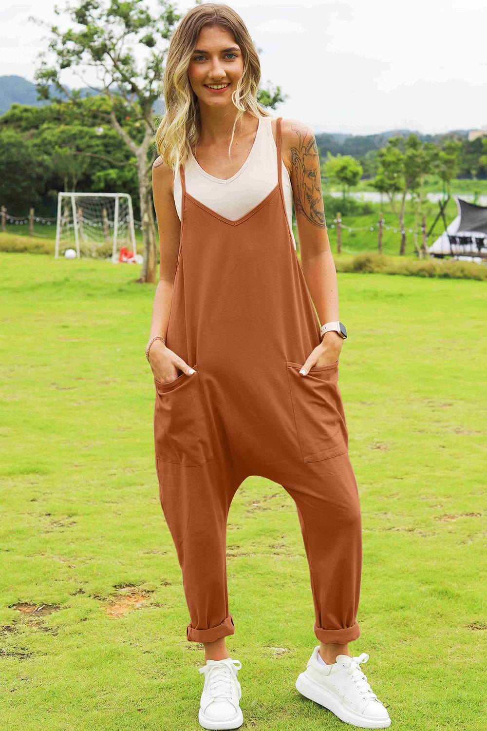 Dark Khaki Double Take Full Size Sleeveless V-Neck Pocketed Jumpsuit