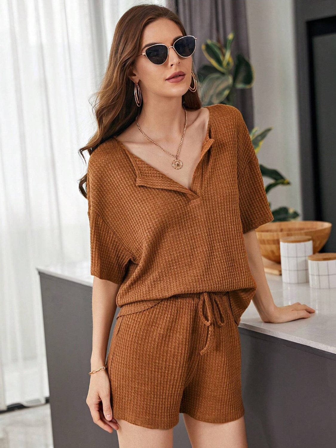 Sienna Full Size Waffle-Knit Dropped Shoulder Top and Shorts Set