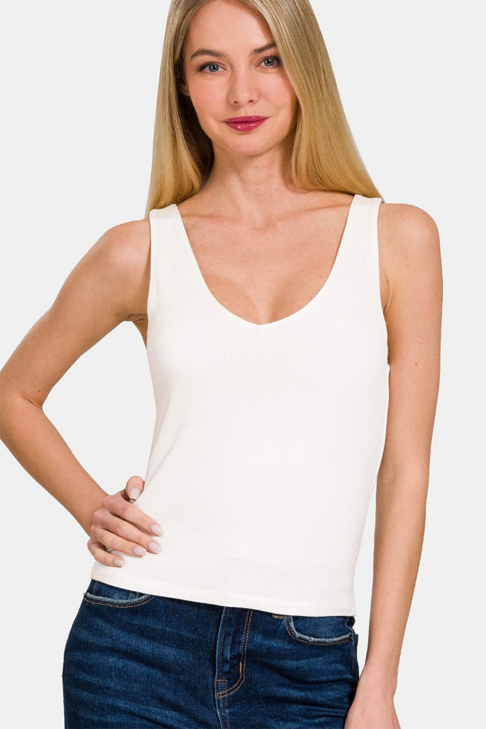 Antique White Zenana Double Layer V Neck Tank