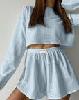 Gray Eyelet Round Neck Top and Shorts Set