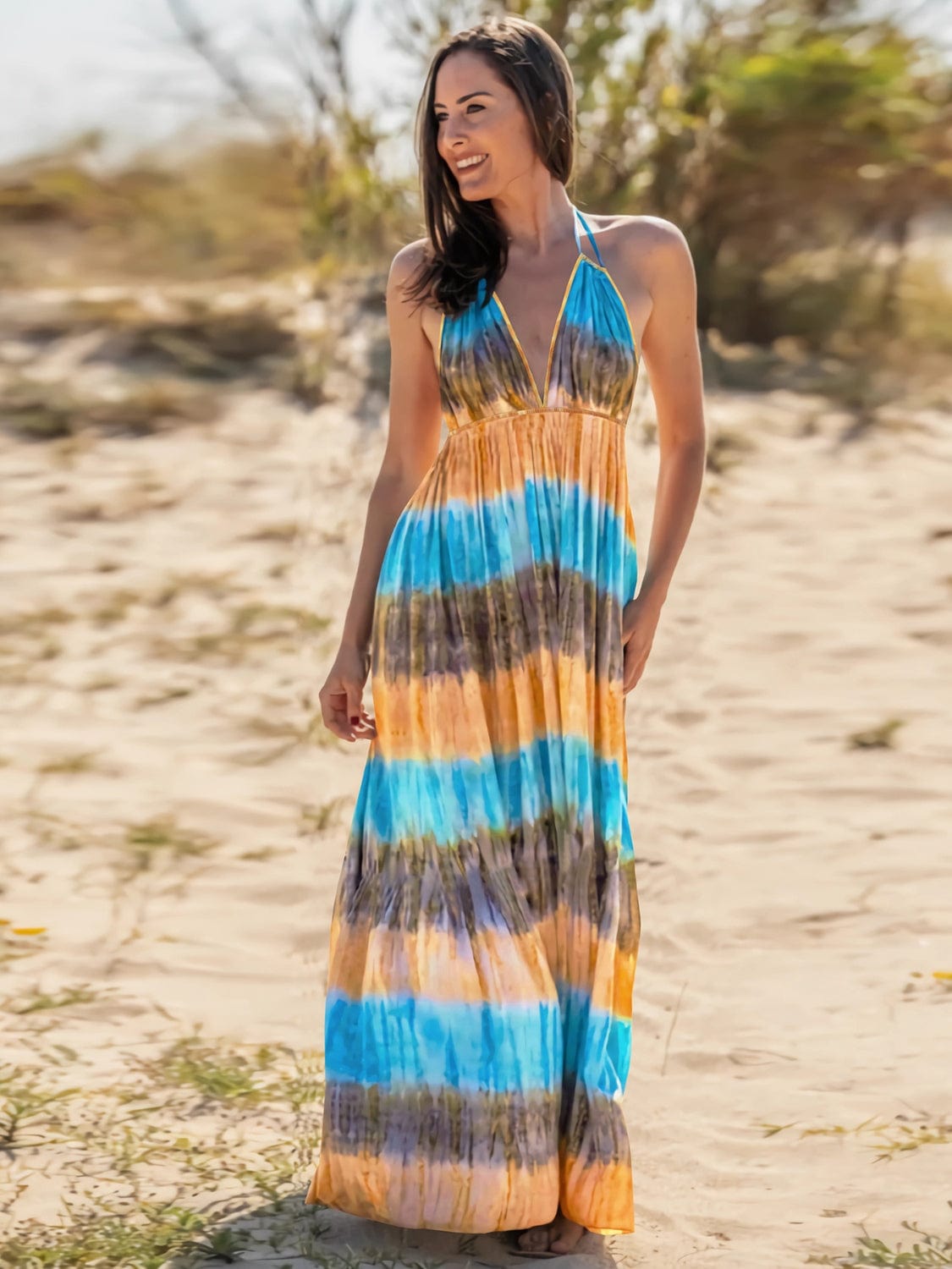 Gray Tie-Dye Halter Neck Sleeveless Dress