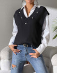 Light Slate Gray Pearl Trim V-Neck Sweater Vest