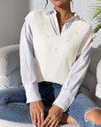 Light Gray Pearl Trim V-Neck Sweater Vest