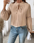 Perfee Frill Tie Neck Long Sleeve Blouse