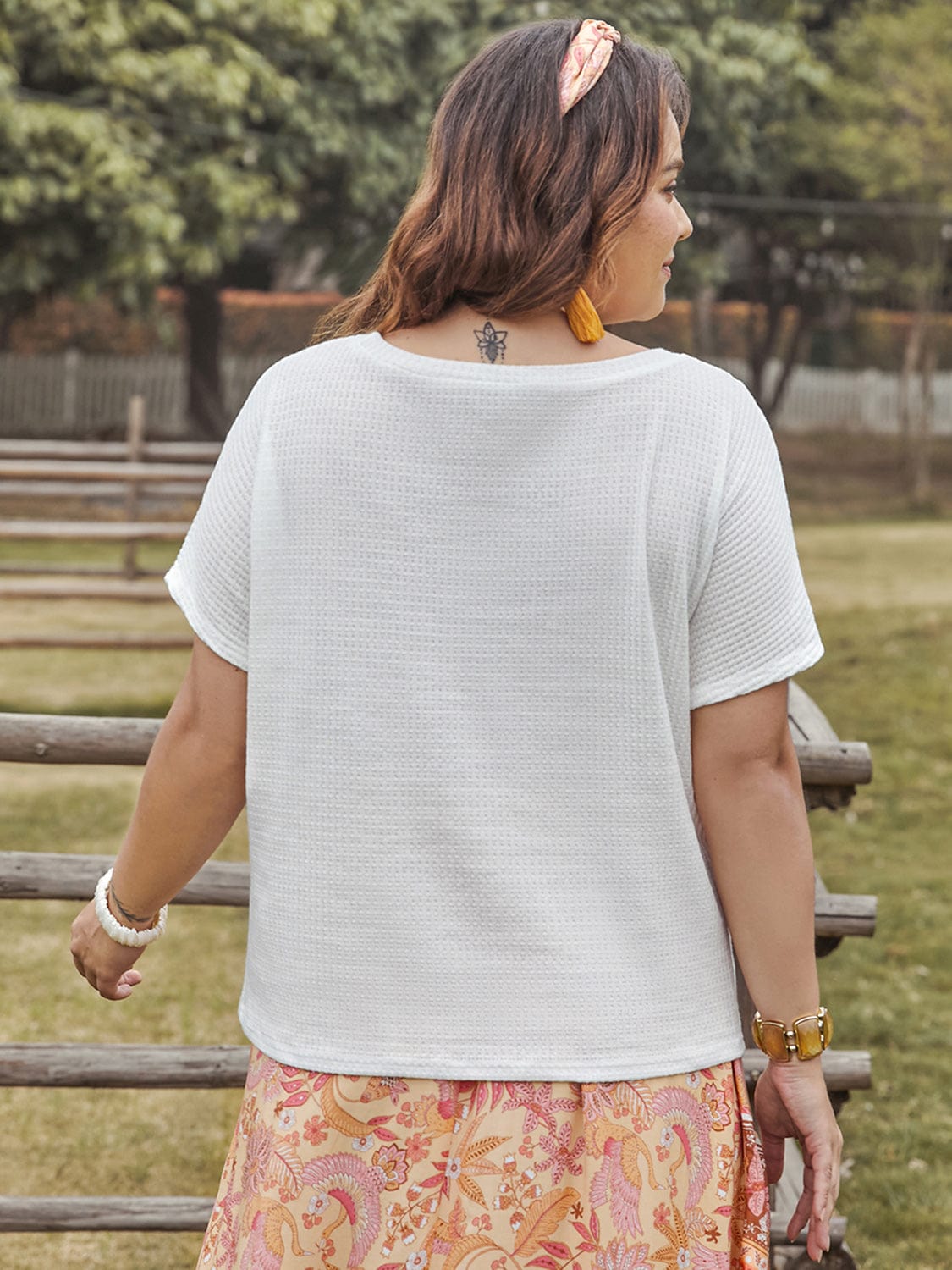 Rosy Brown Plus Size Lace Detail Round Neck Short Sleeve Top