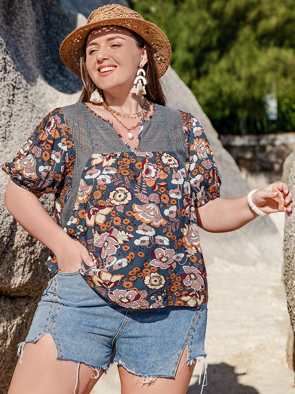 Tan Plus Size Printed Notched Half Sleeve Blouse