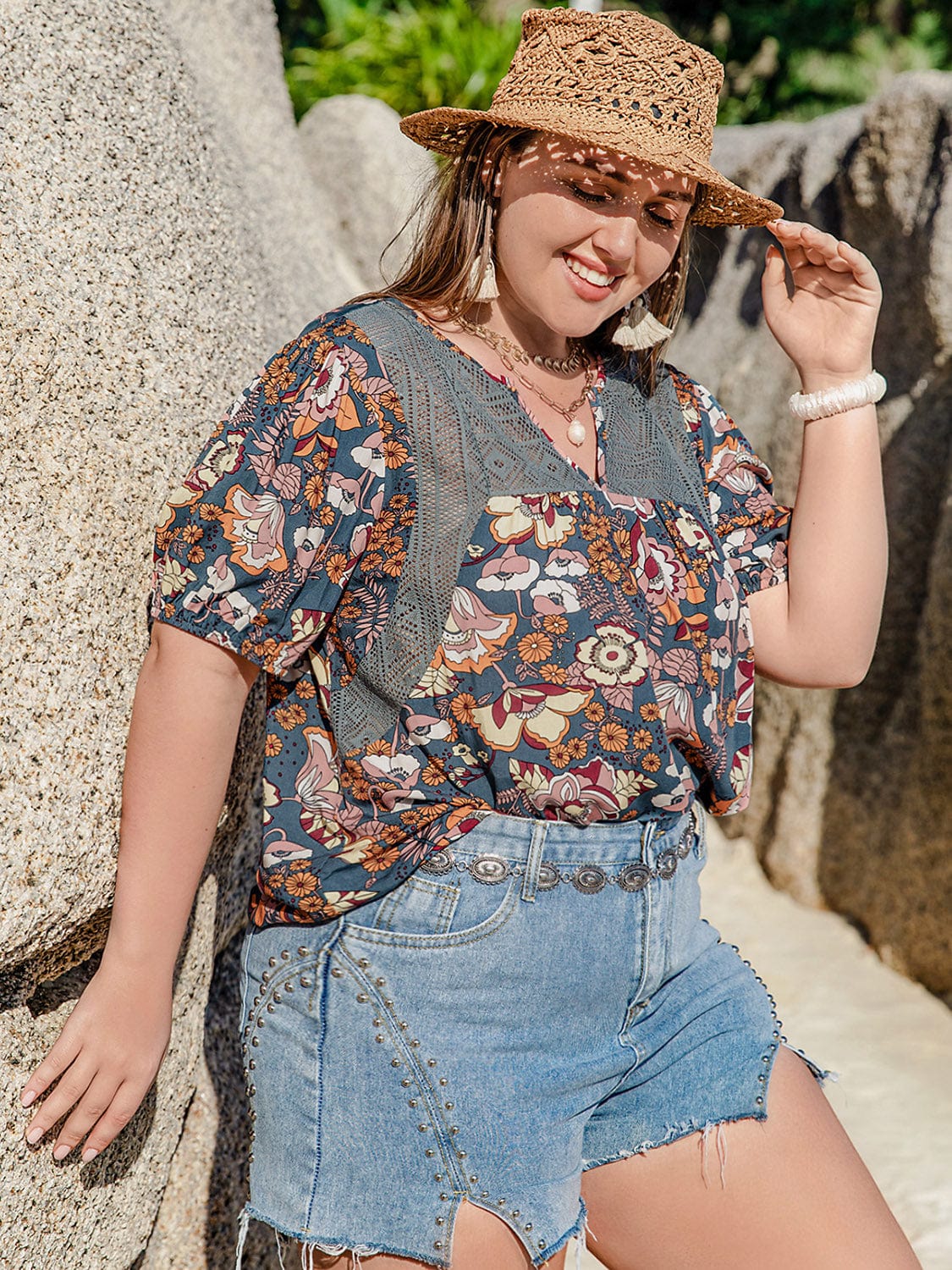 Dark Gray Plus Size Printed Notched Half Sleeve Blouse