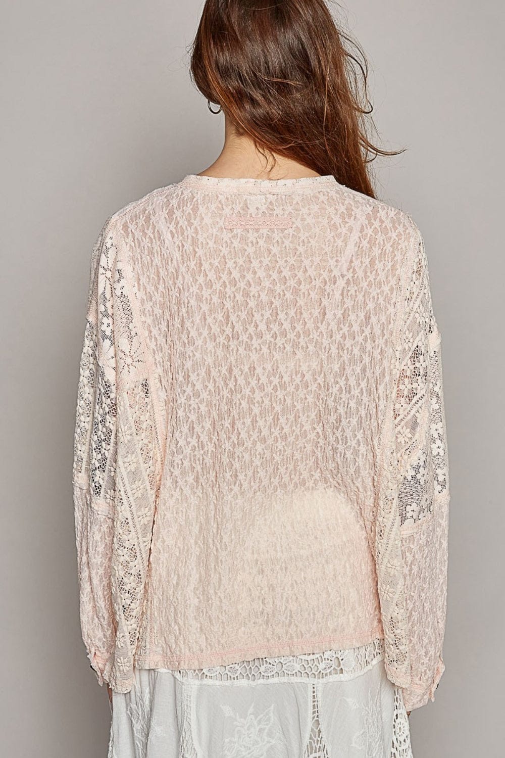 Gray POL Round Neck Long Sleeve Raw Edge Lace Top