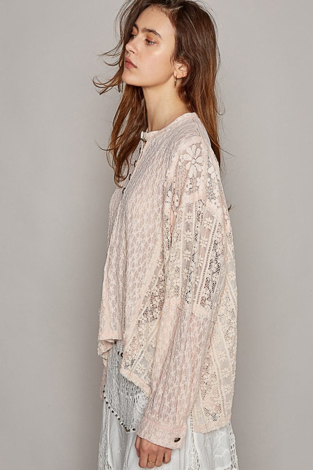 Gray POL Round Neck Long Sleeve Raw Edge Lace Top